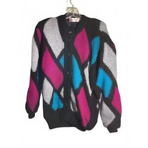 Vintage Geometric Pattern Wool/Mohair Button-Up Cardigan/Jacket Sweater XL -2X